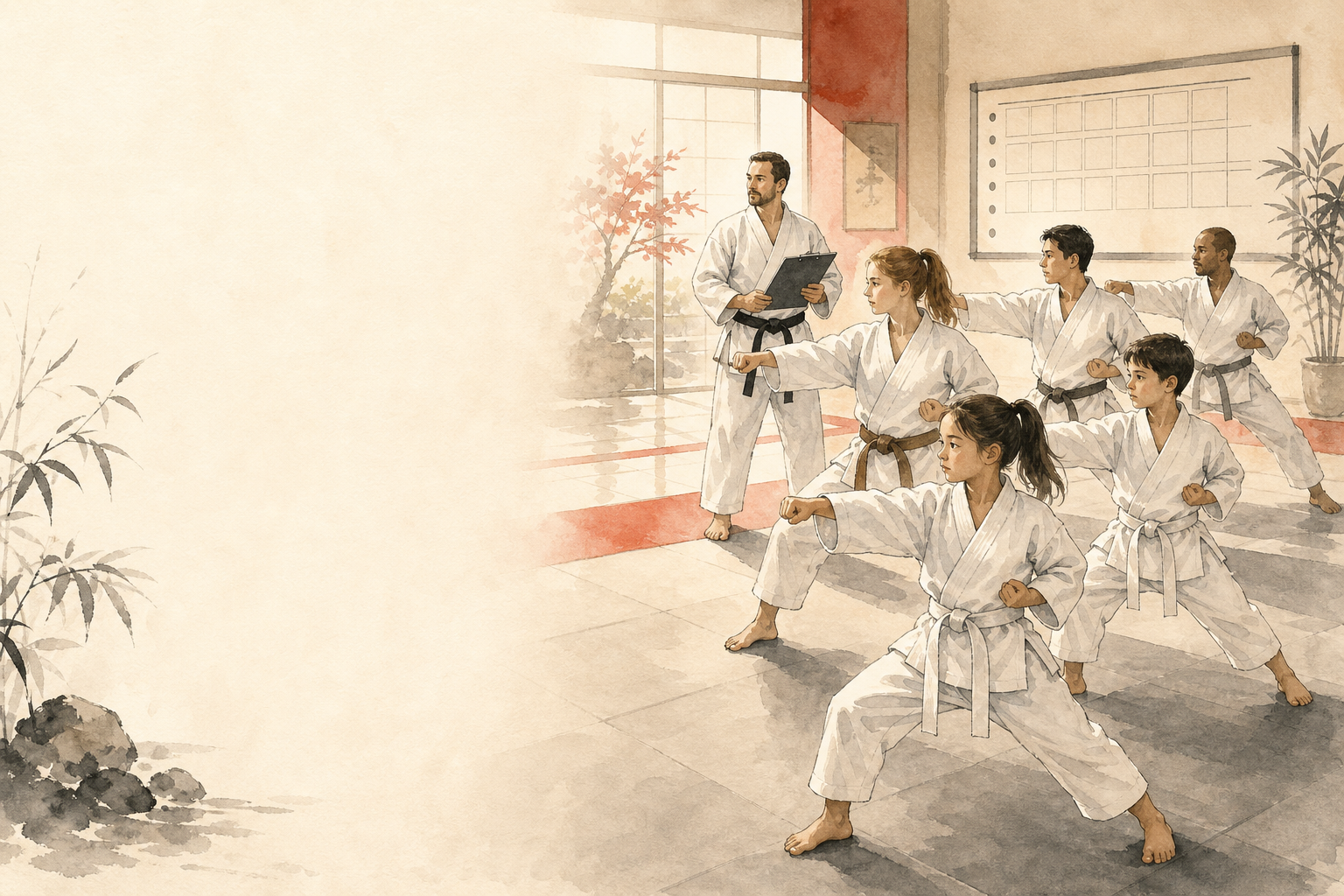 Martial arts class training in a dojo